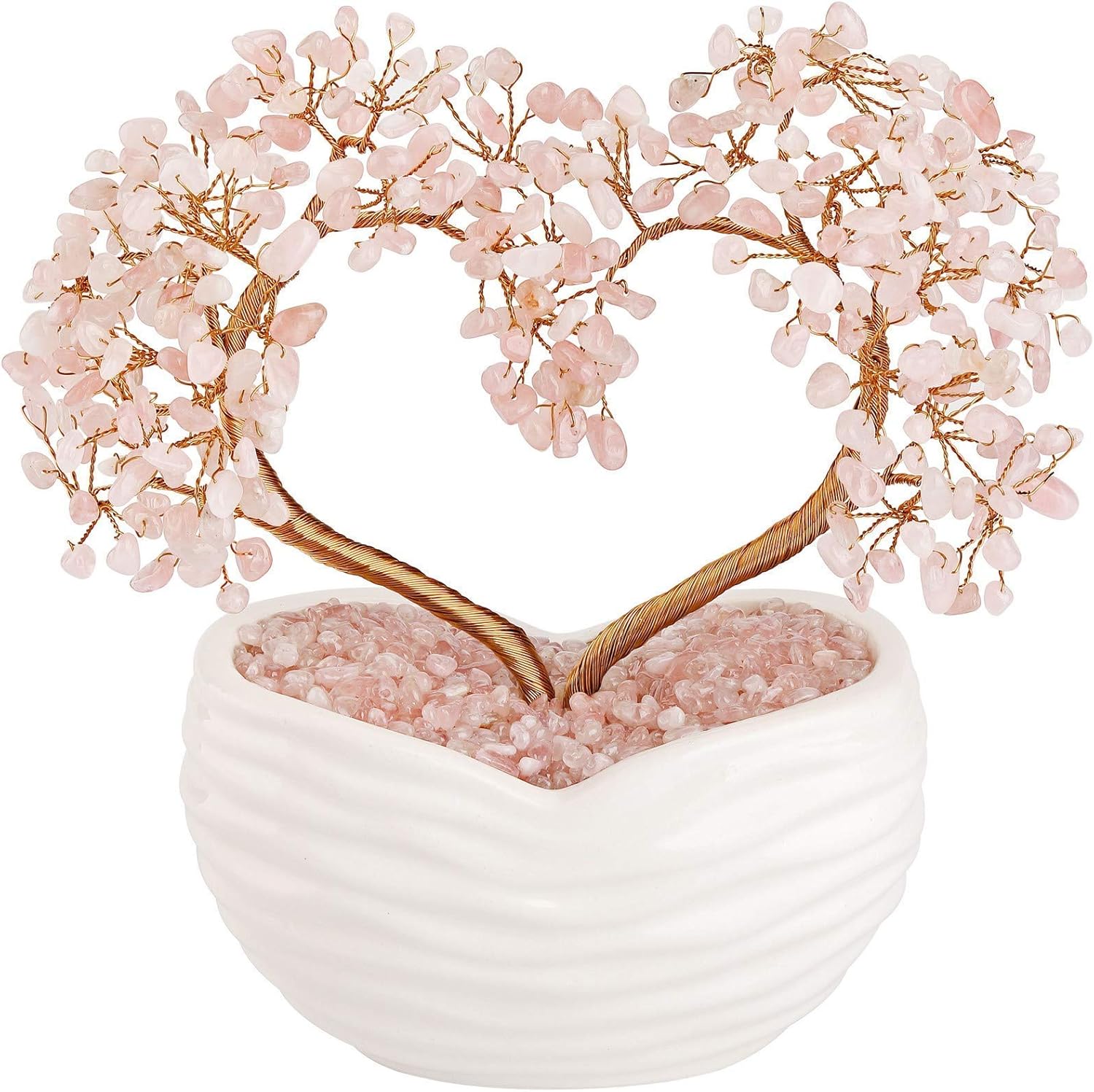 Jovivi Rose Quartz Crystal Heart Money Tree Healing Bonsai Set