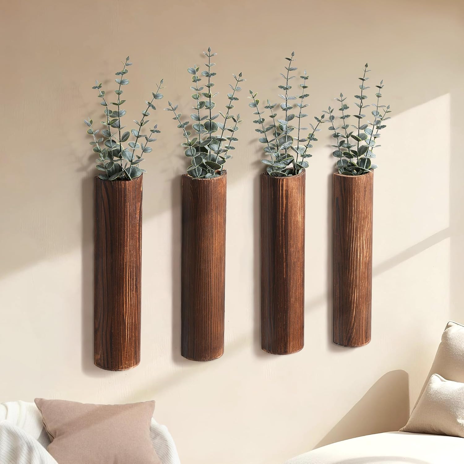 4 Pack Wood Wall Planter with Artificial Eucalyptus