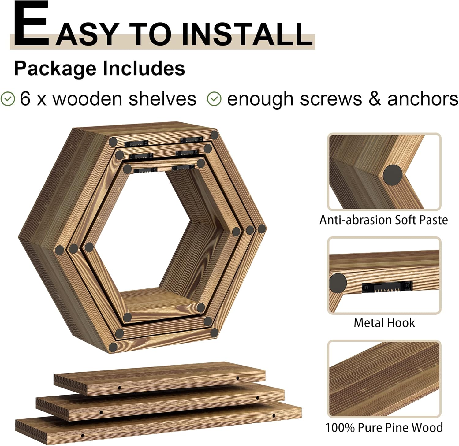Modern Wooden Hexagon Floating Shelves Set of 6