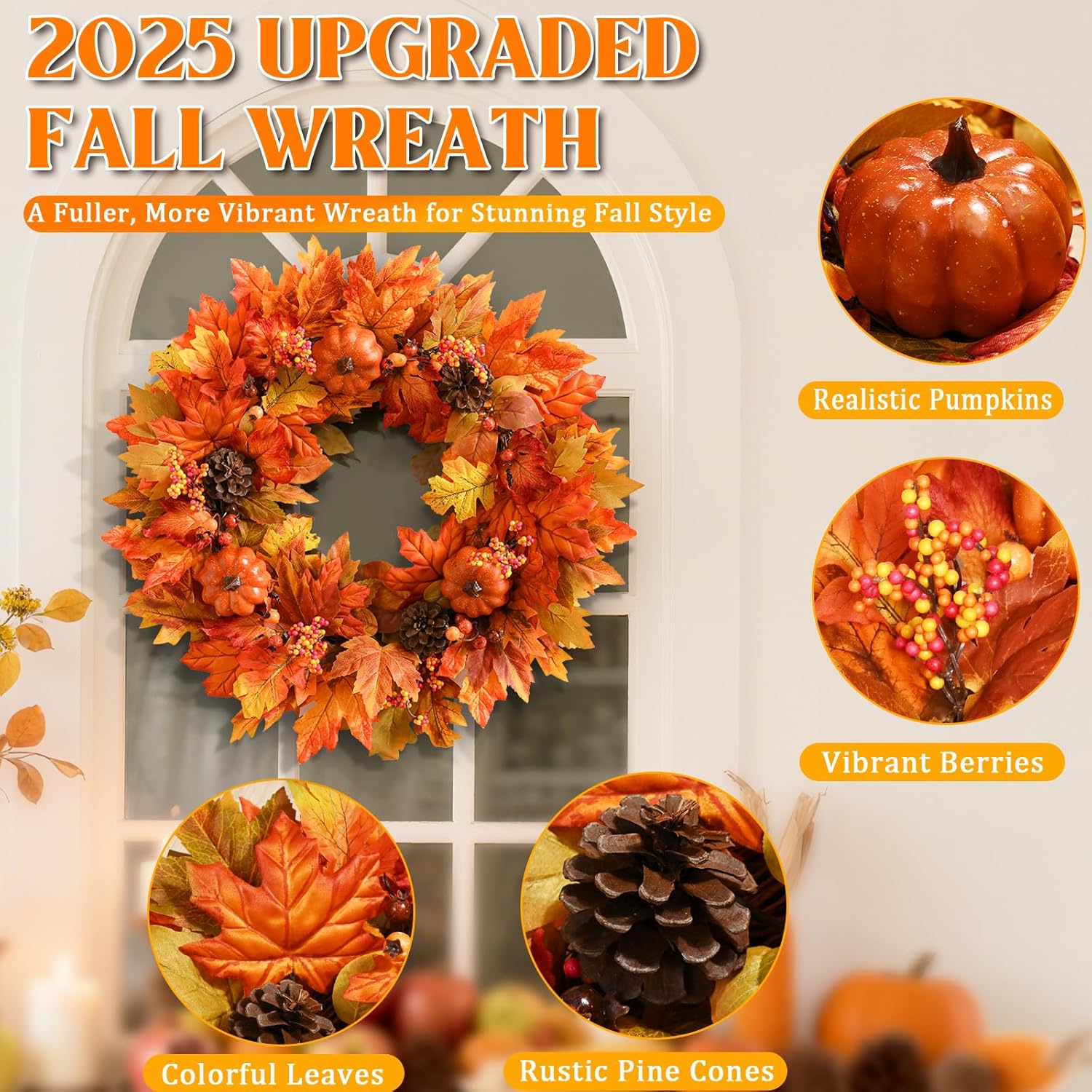Elyum Fall Wreath - 20 Inch Autumn Door Decor with Pumpkins and Maple Leaves