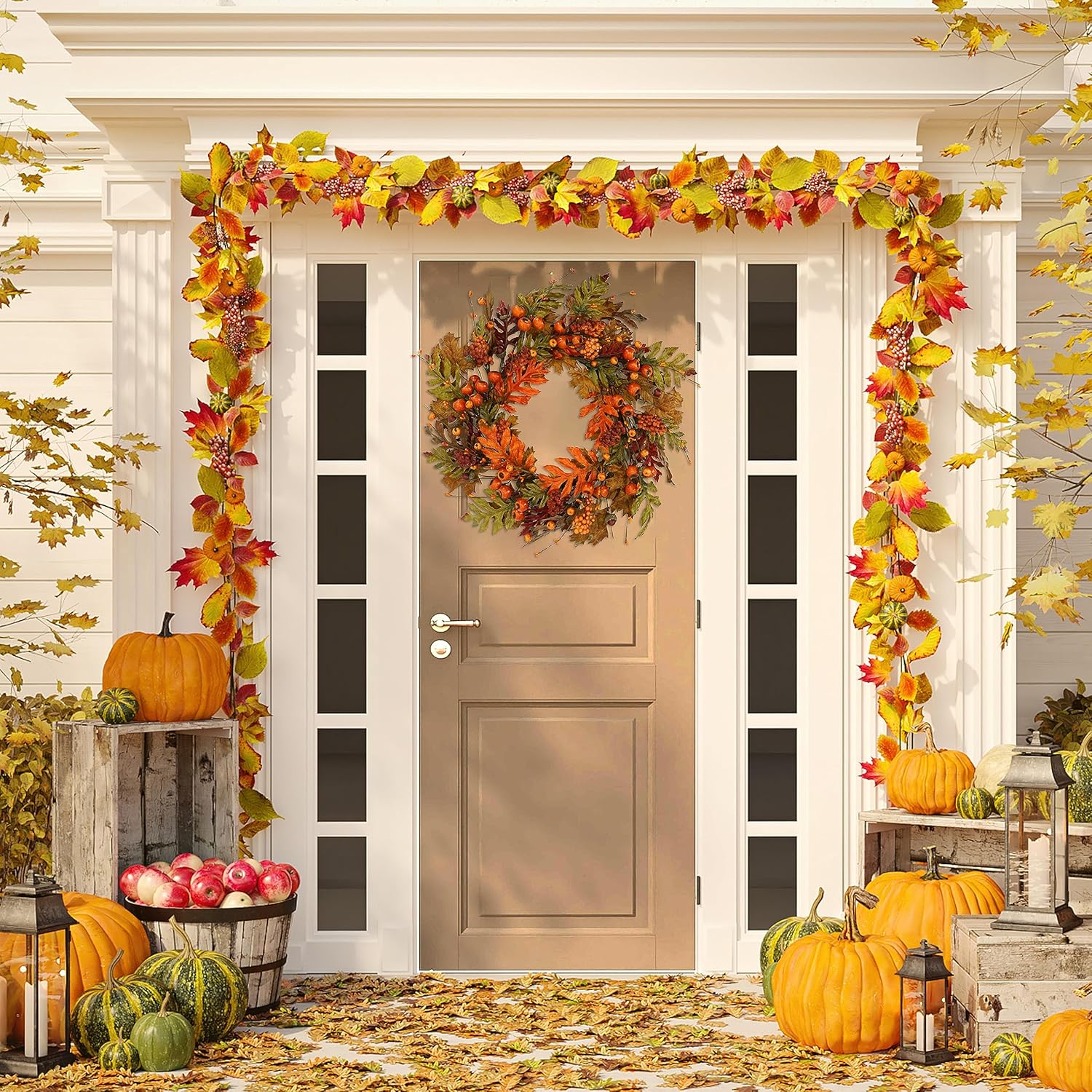 Autumn Oak Wreath with Leaves Acorns Berries Pomegranates for Front Door