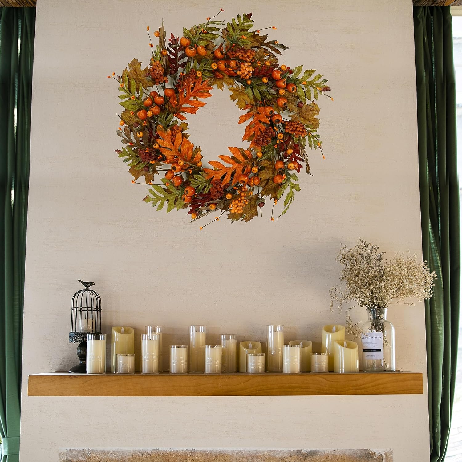 Autumn Oak Wreath with Leaves Acorns Berries Pomegranates for Front Door