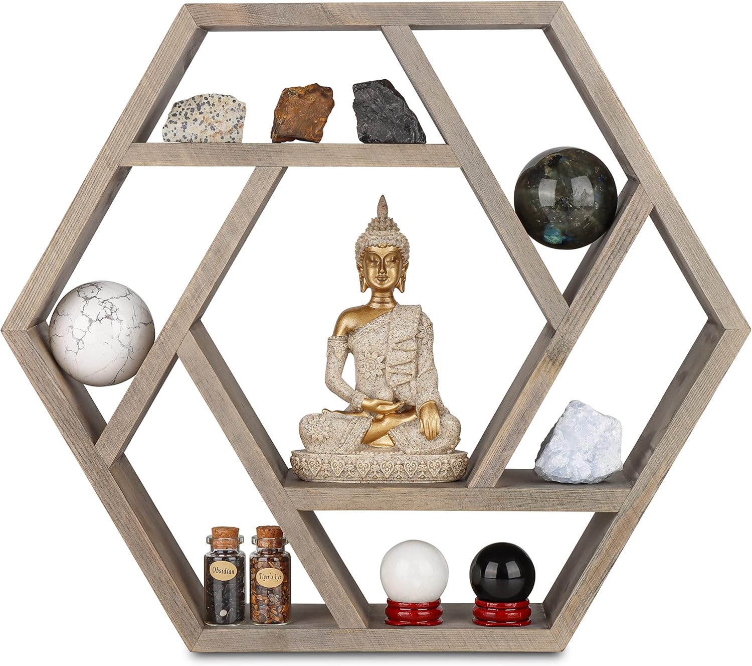 Venture Decor Crystal Display Shelf Hexagon Floating Wall Mount for Healing Stones and Chakra Decor