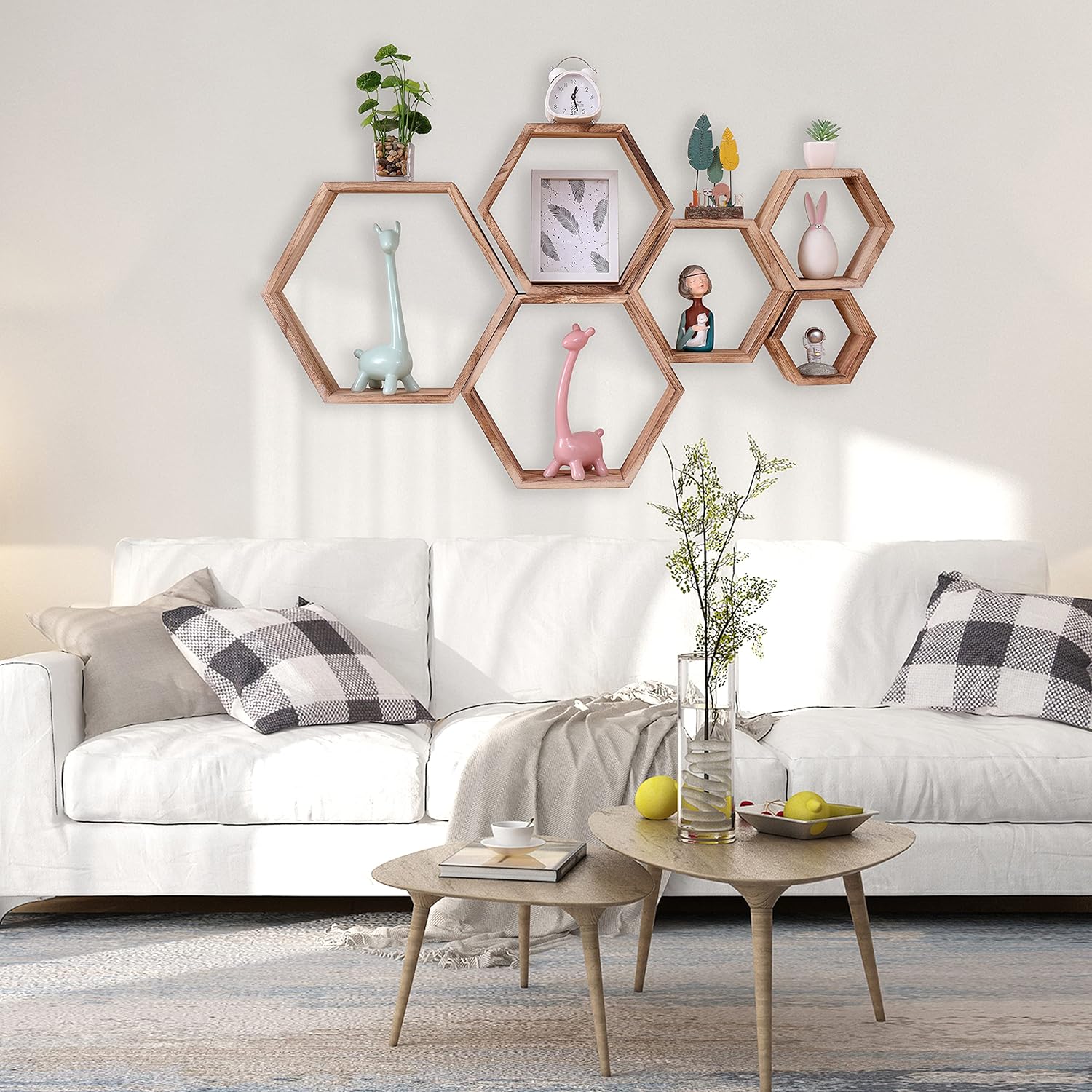 WONFUlity Hexagon Floating Shelves Driftwood Light Brown