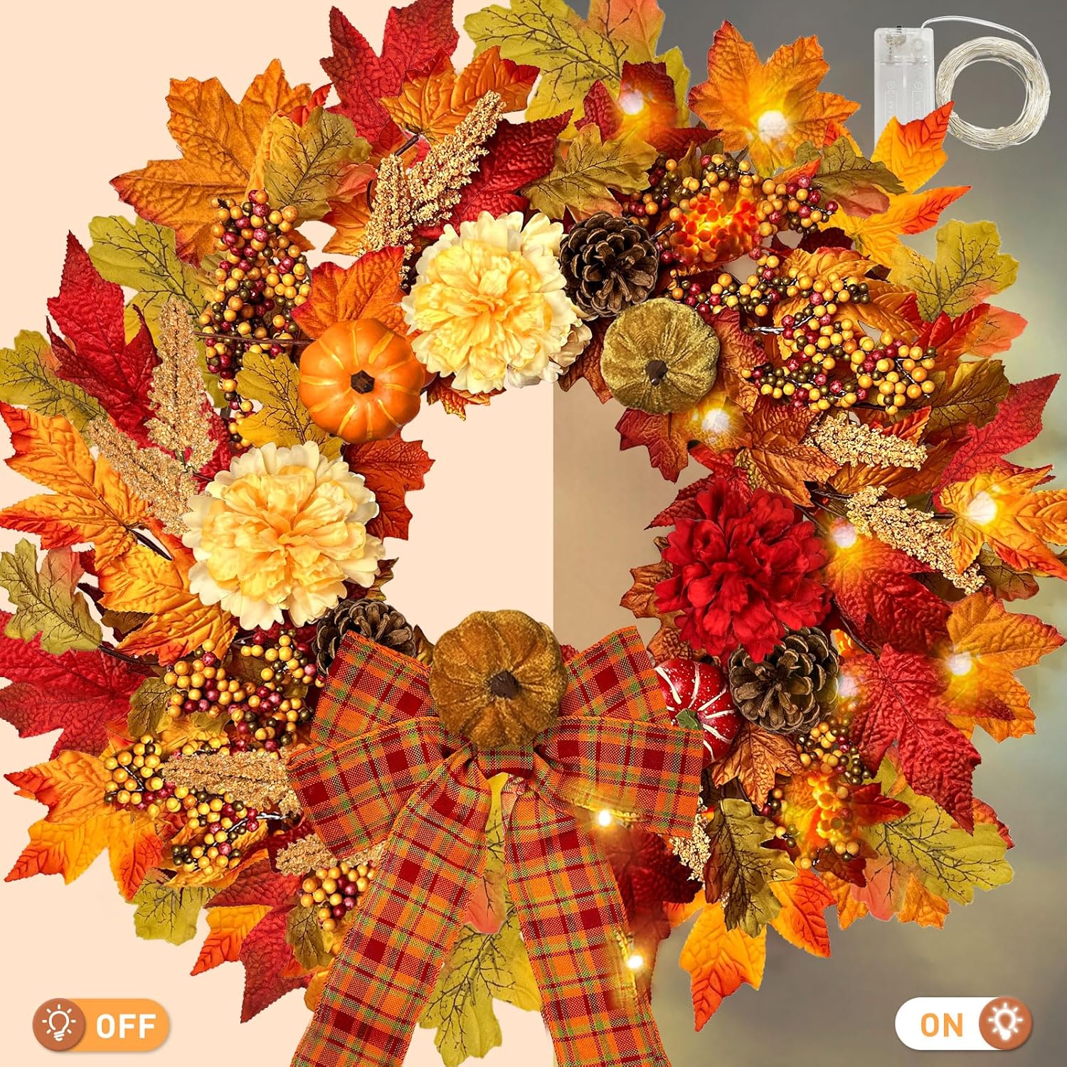24 Inch Fall Wreath with Lights Pumpkin and Berry Decor