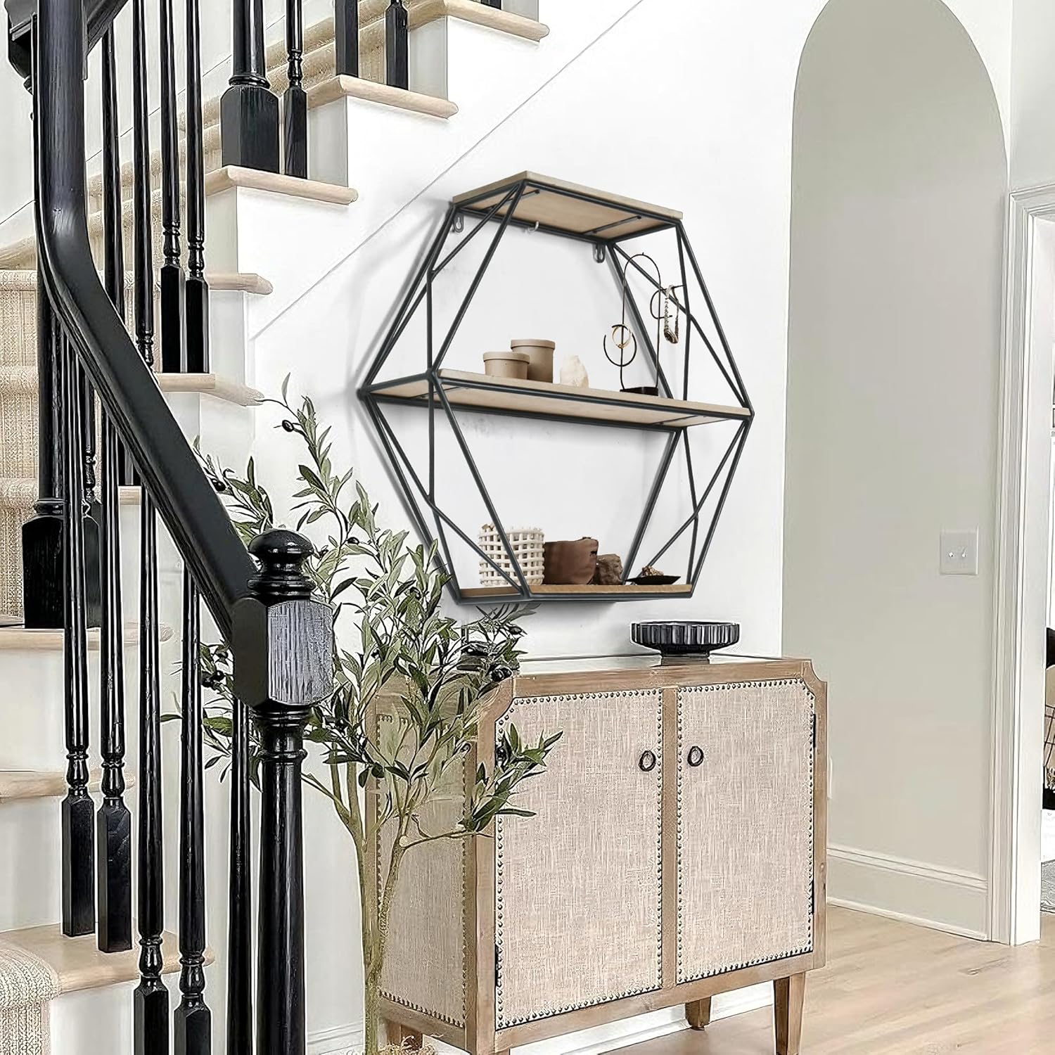 Oakrain Black Floating Wall Shelf Hexagon Living Room Bedroom