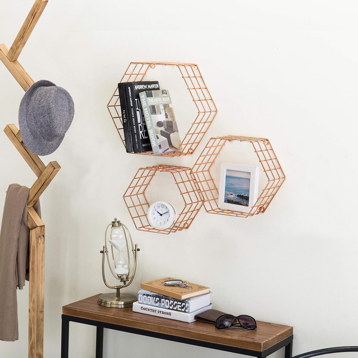 MyGift Copper Floating Hexagon Shelves Set of 3