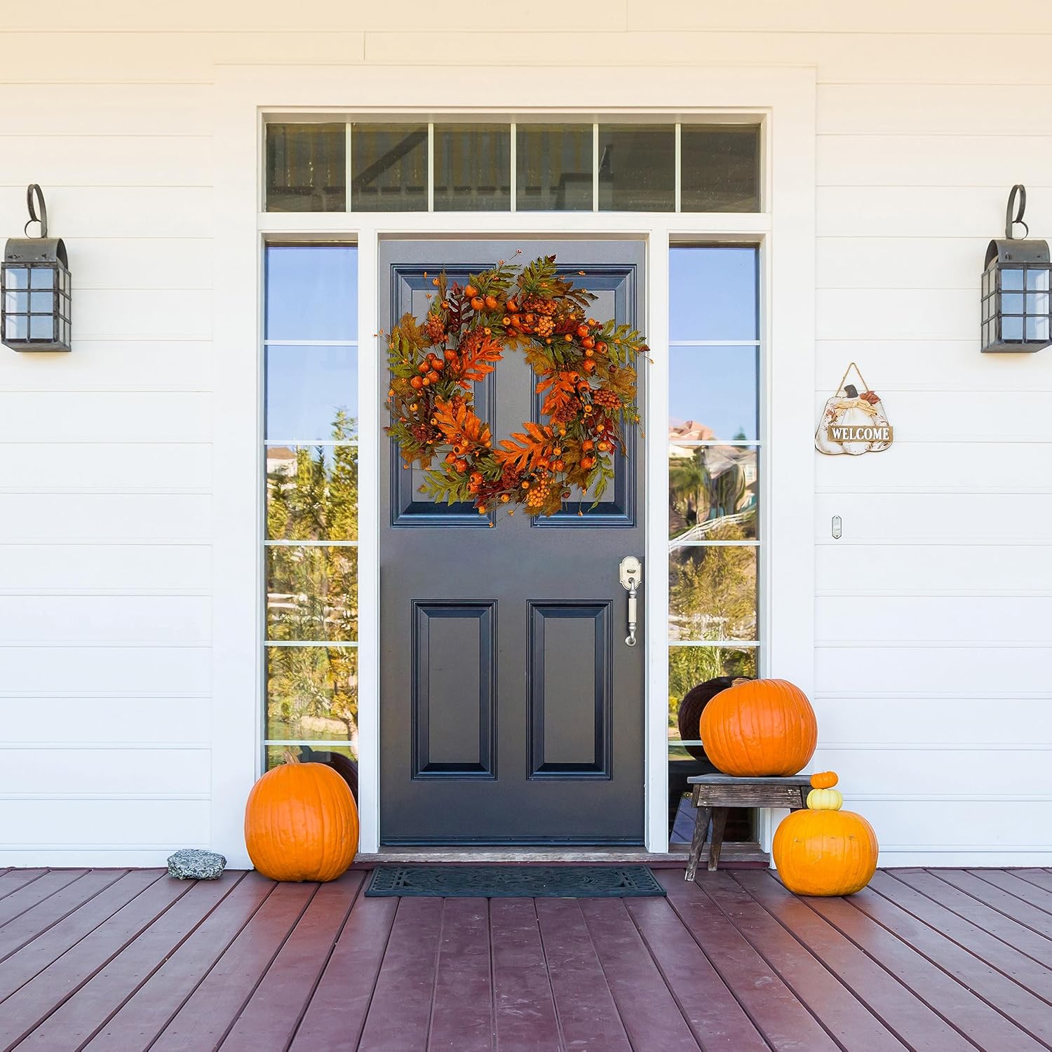 Autumn Oak Wreath with Leaves Acorns Berries Pomegranates for Front Door