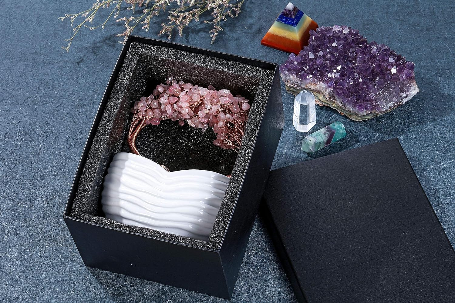Jovivi Rose Quartz Crystal Heart Money Tree Healing Bonsai Set