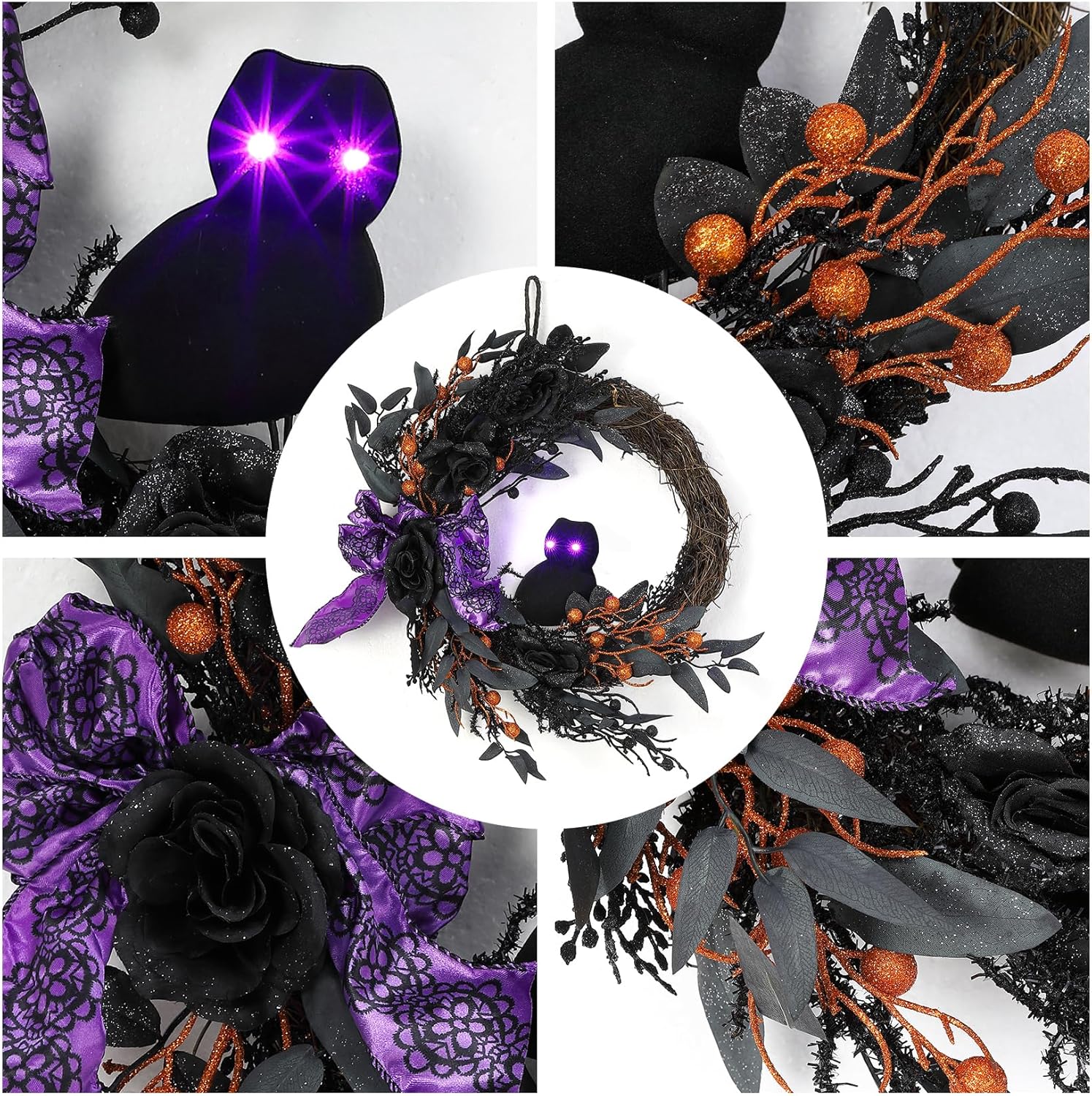 22 Inch Halloween Owl Wreath with Lighted Eyes