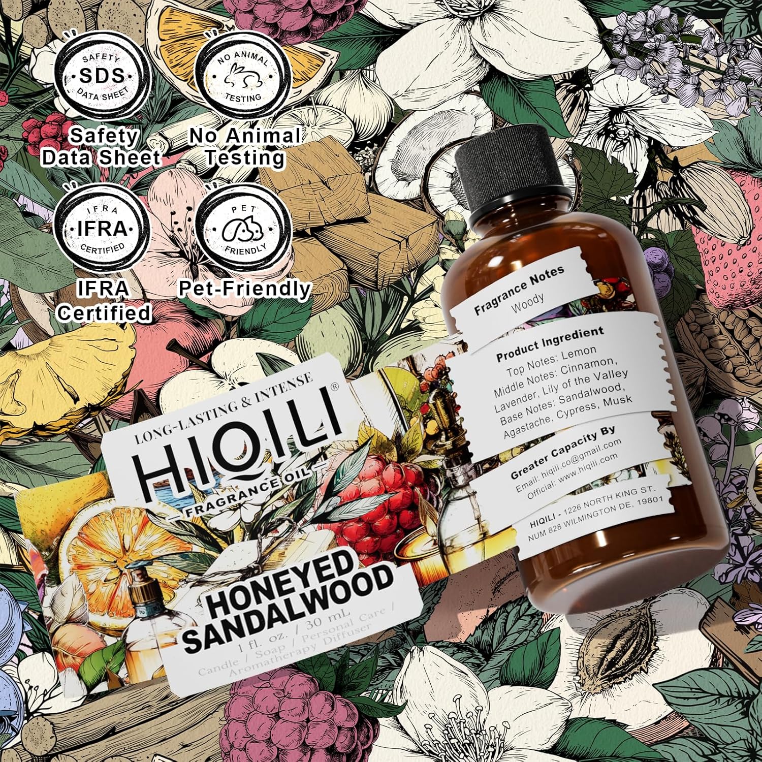 HIQILI Essential Oil Body Oil Honeyed Sandalwood 1 Fl Oz