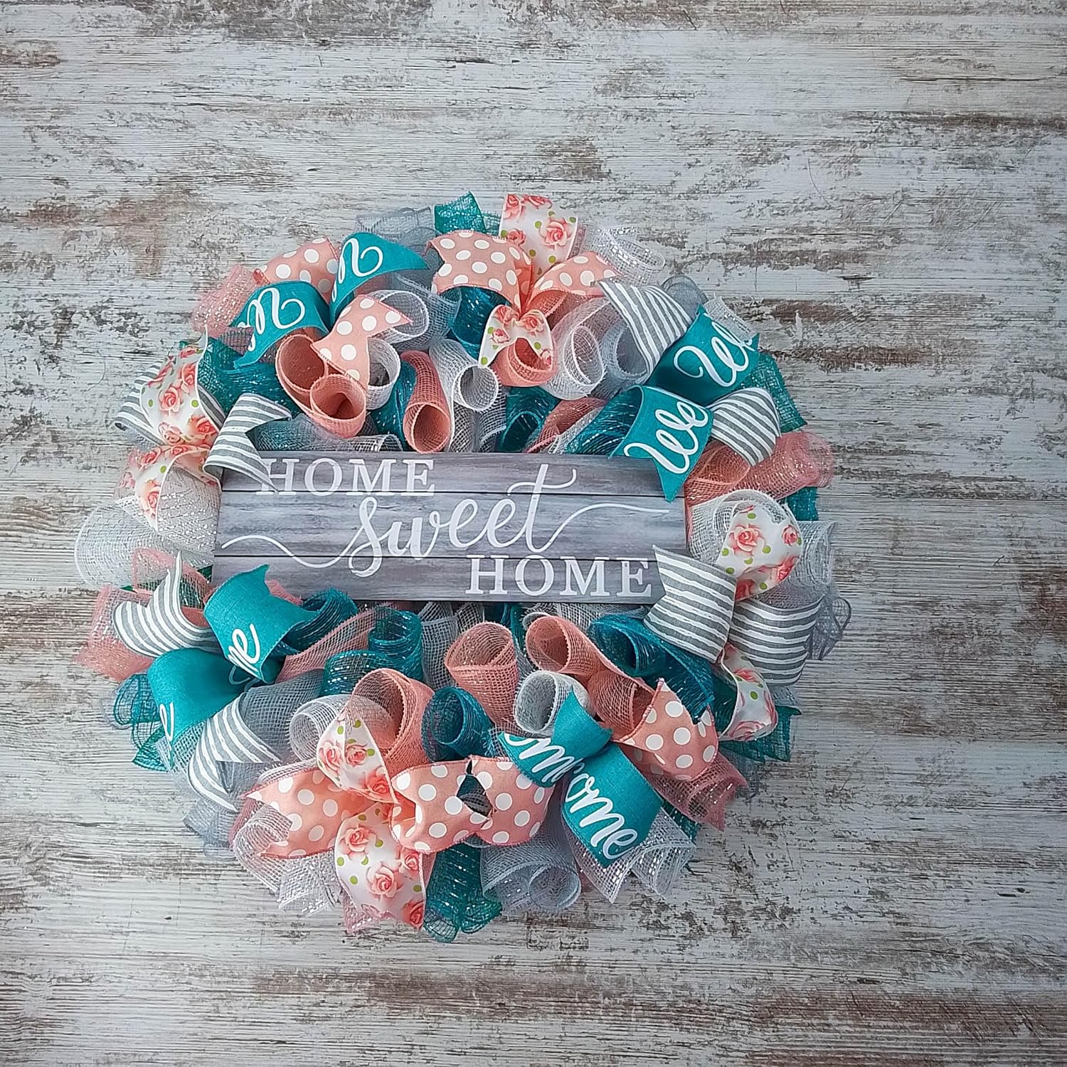 Home Sweet Home Wreath Coral Grey Turquoise Spring Everyday Door Wreath White Rustic