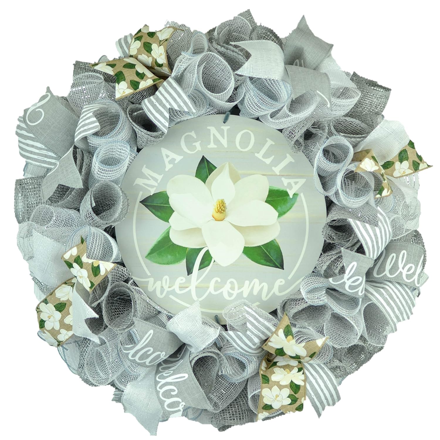 Neutral Magnolia Welcome Wreath - 24 Inch Front Door Decor