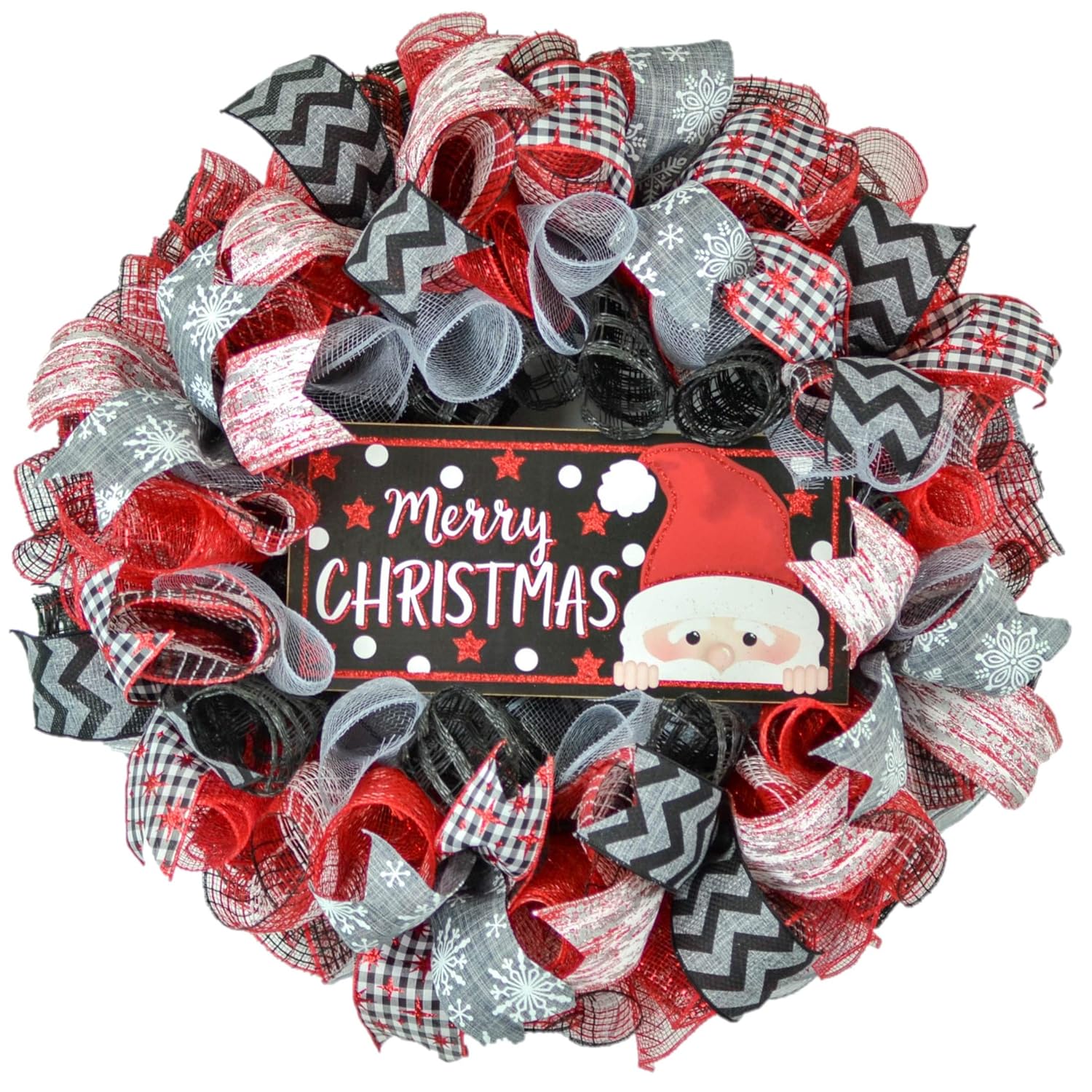 Peeking Santa Wreath with Christmas Mesh Design