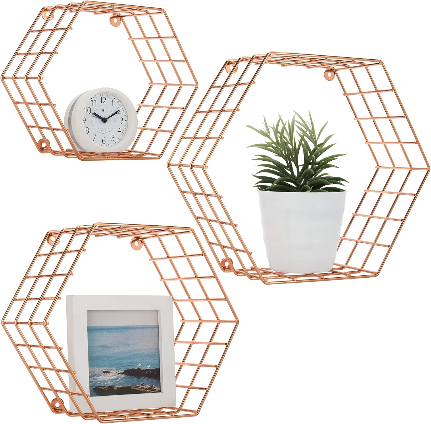 MyGift Copper Floating Hexagon Shelves Set of 3