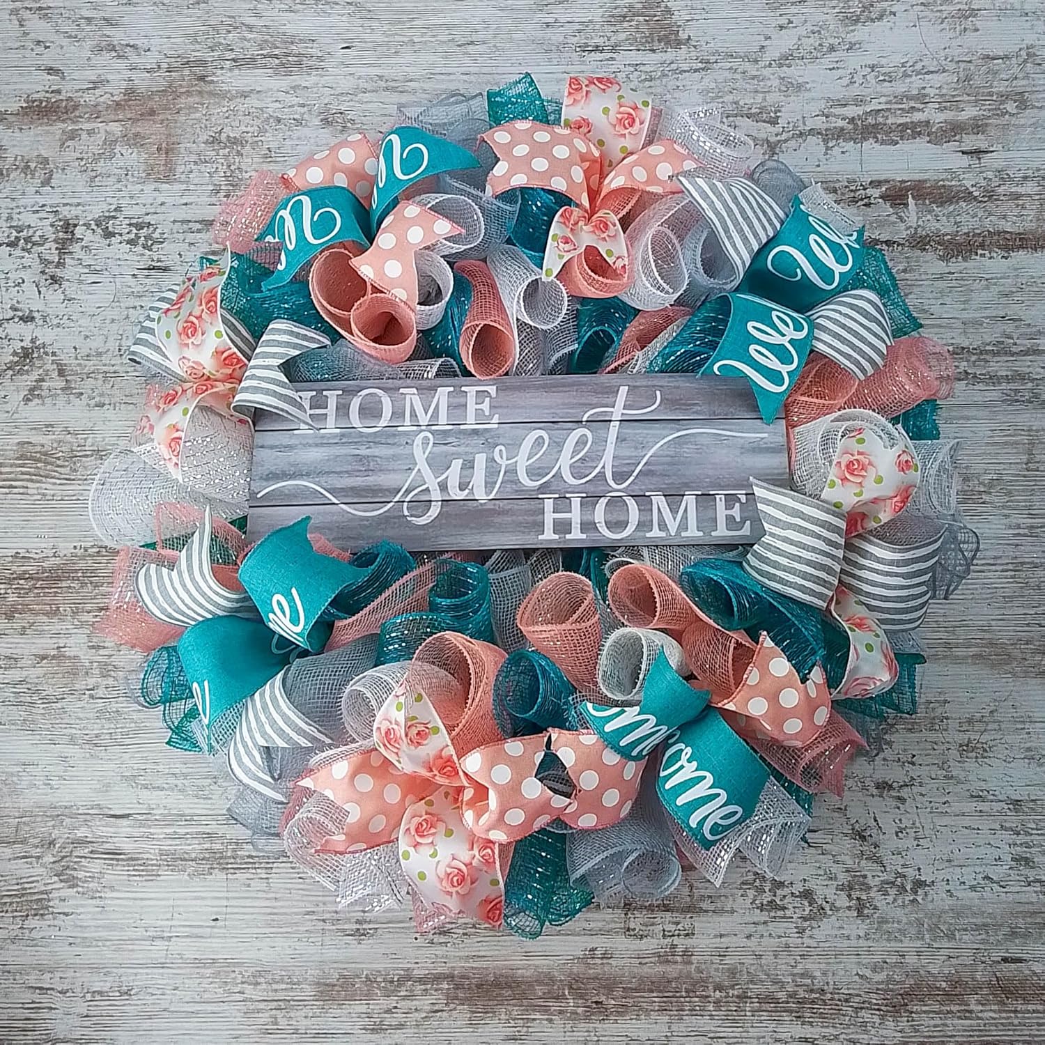Home Sweet Home Wreath Coral Grey Turquoise Spring Everyday Door Wreath White Rustic