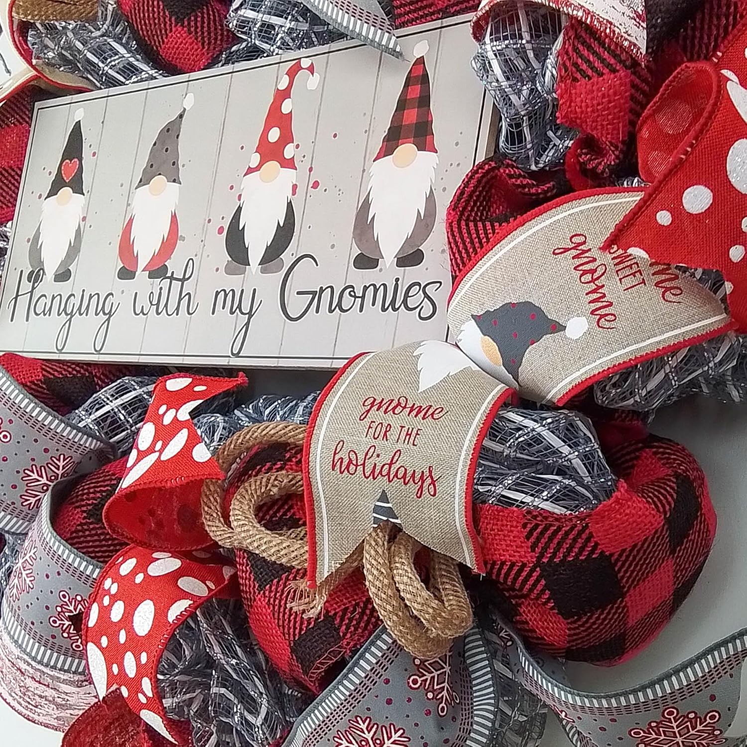 Gnome Christmas Farmhouse Wreath with Hanging Sign