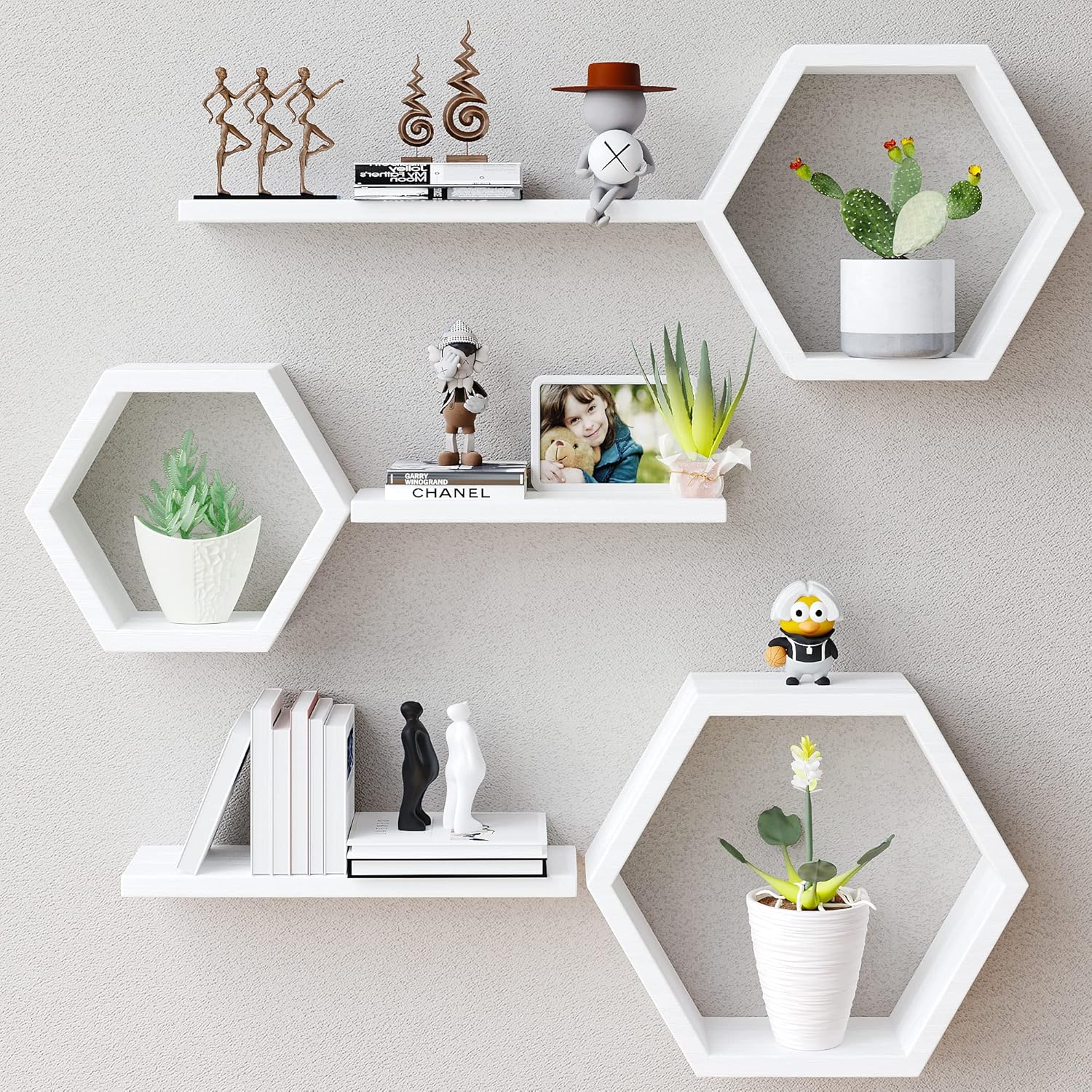 Wooden Hexagon Floating Shelves Set of 6 White Pine