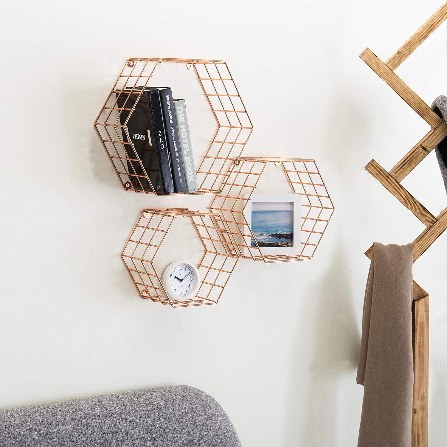 MyGift Copper Floating Hexagon Shelves Set of 3