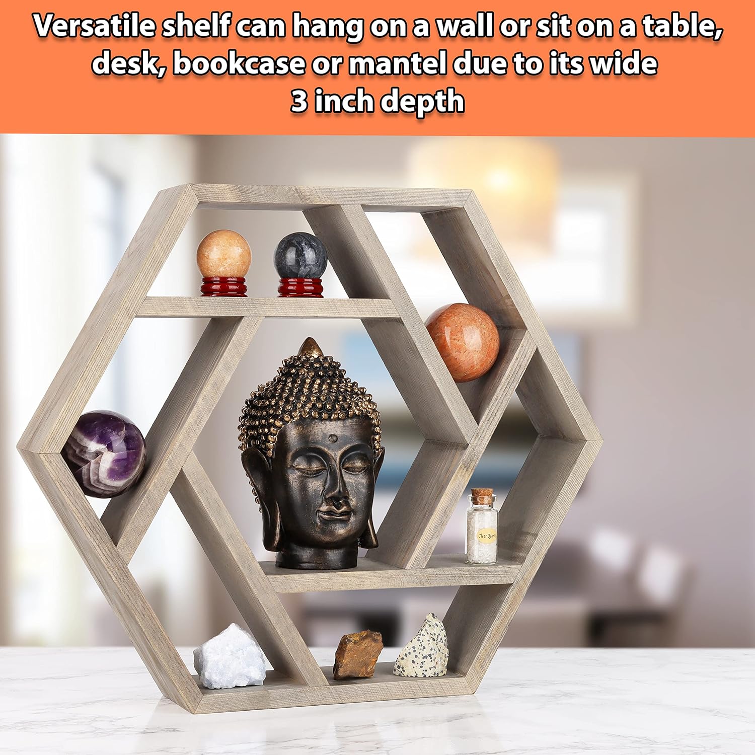 Venture Decor Crystal Display Shelf Hexagon Floating Wall Mount for Healing Stones and Chakra Decor
