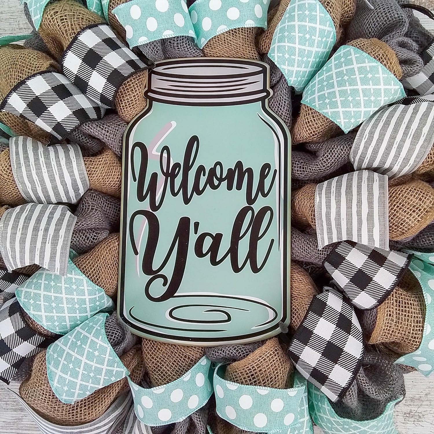 Welcome Yall Mason Jar Wreath with Grey Burlap