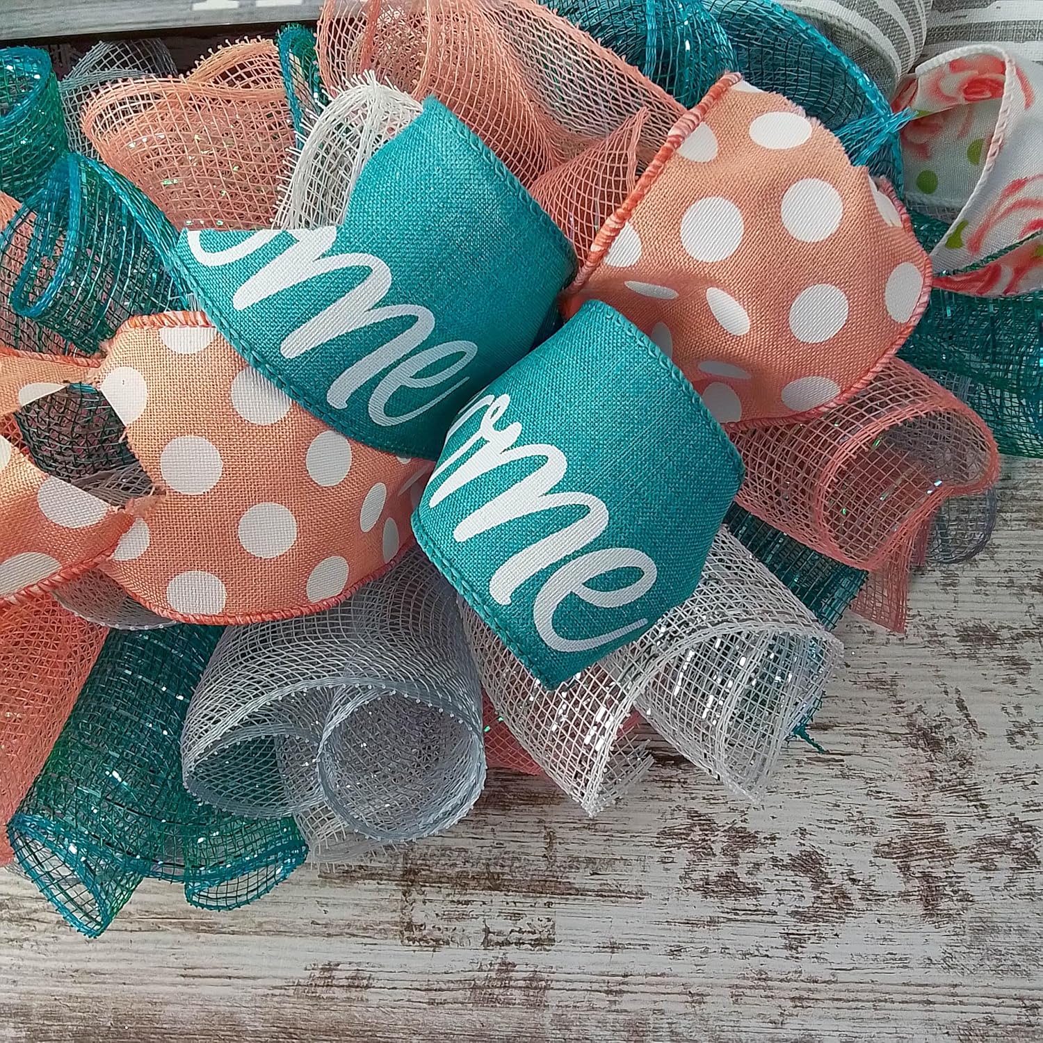 Home Sweet Home Wreath Coral Grey Turquoise Spring Everyday Door Wreath White Rustic