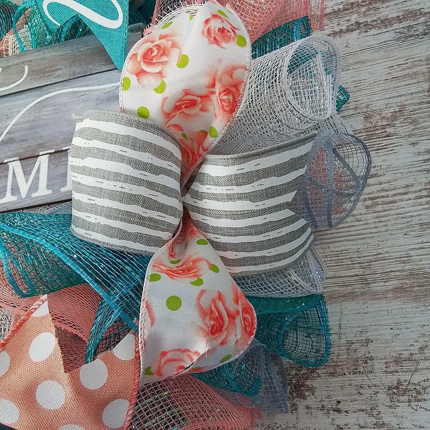 Home Sweet Home Wreath Coral Grey Turquoise Spring Everyday Door Wreath White Rustic