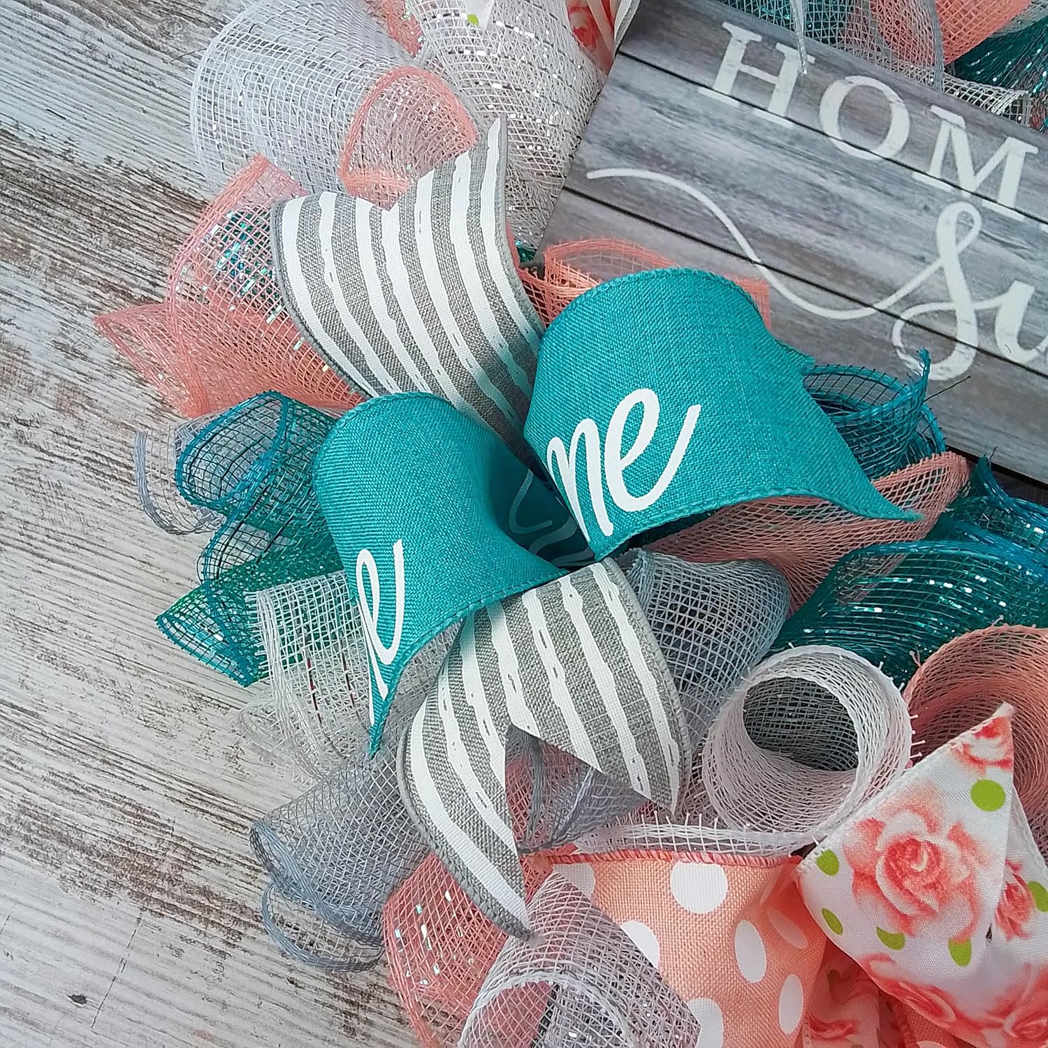 Home Sweet Home Wreath Coral Grey Turquoise Spring Everyday Door Wreath White Rustic