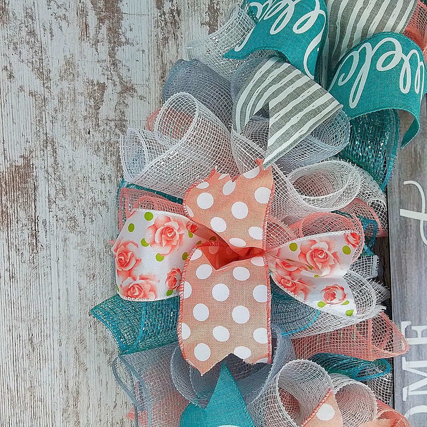 Home Sweet Home Wreath Coral Grey Turquoise Spring Everyday Door Wreath White Rustic